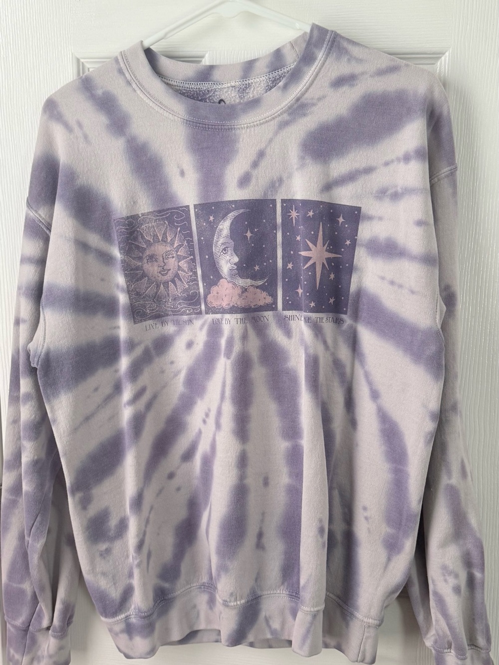 Full Tilt Lavender Tie-Dye Crewneck Sweatshirt with Celestial Panels